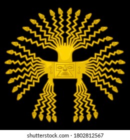 Inti. Ancient Incaic Sun goldene Figur auf schwarzem Hintergrund. Peruanische Vektorgrafik. 