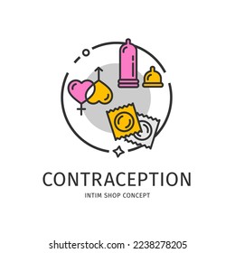 Intim Shop Thin Line Icon Empfängnisverhütung Konzept enthalten Gummi Kondom und Kondome Paket. Vektorgrafik