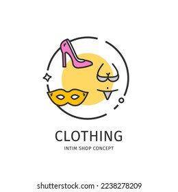 Intim Shop Thin Line Icon Clothing Concept Include of Mask, Heel and Female Underwear. Vector illustration