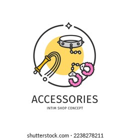 Intim Shop Thin Line Icon Pleasure Accessories Concept Include of Whip, Handcuff and Collar. Vector illustration