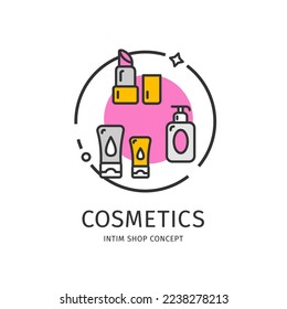 Intim Shop Thin Line Icon Cosmetics Concepto Incluye Lubration, Lipstick y Stimulant Orgasm. Ilustración del vector