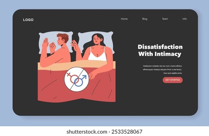 Conceito de problemas de intimidade. A cena do quarto de um casal retrata a distância emocional e insatisfação com sua conexão sexual. Conflito de ninar e problemas de relacionamentos. Ilustração vetorial.