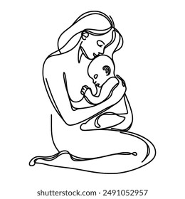 Intimate bond between mother and child illustrated in a single line artwork.