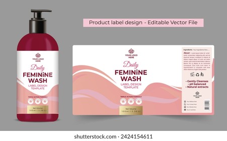 Intimate care label design, feminine wash logo product label design, bottle packaging design for vaginal wash pH balance gentle cleanser label liquid soap hygiene wash label editable illustration file