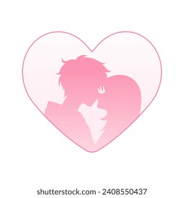 Intimate Couple Silhouette within Heart, Soft Pink Romance Theme, Minimalist Gradient Valentine's Day Illustration