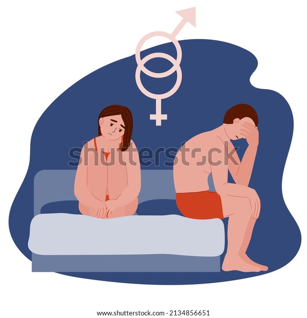Intimate disorder. Divorce. Impotence,\
erectile dysfunction. Married couple in a quarrel. Sad person on\
the bed. Vector cartoon illustration on white\
background.