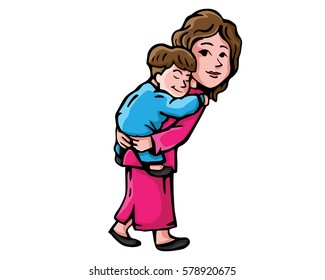 Intimate Happy Mother And Children Quality Time Illustration - Back Carry Overslept