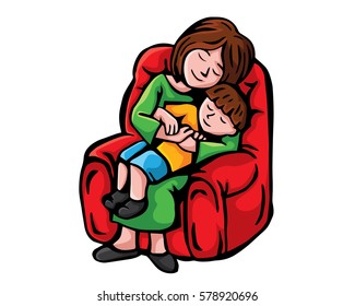 Intimate Happy Mother And Children Quality Time Illustration - Sleeping In Couch Cuddle