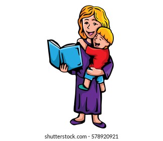 Intimate Happy Mother And Children Quality Time Illustration - Story Reading Joy Moment