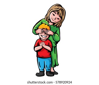 Intimate Happy Mother And Children Quality Time Illustration - Peek A Boo For Surprise