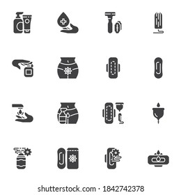 Intimate hygiene, menstruation vector icons set, modern solid symbol collection, filled style pictogram pack. Signs, logo illustration. Set includes icons as sanitary napkin and tampons, feminine pads