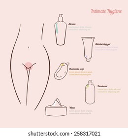 Intimate hygiene. A simple concept with cosmetic items: mousse, soap, wipes, gel, deodorant. Infographic woman hygiene. Vector illustration.