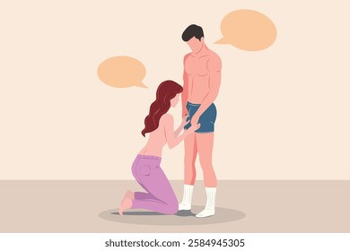 intimate - intimacy concept, romantic couple, woman kneel down before man stand with blue underwear, mix feeling of shy, love, care , fun, joy