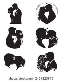  the intimate moment of a couple's first kiss with this elegant vector illustration. Against a solid white background.