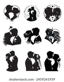  the intimate moment of a couple's first kiss with this elegant vector illustration. Against a solid white background.