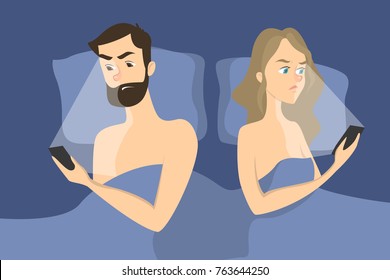 Intimate Problem Illustration. Angry Couple Lying In Bed Using Smartphone.