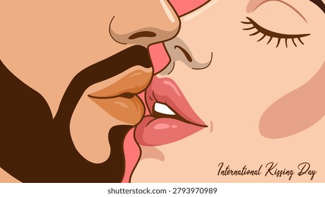 An intimate vector illustration capturing a passionate close-up embrace between two lovers, celebrating affection and connection for International Kissing Day on July 6th.