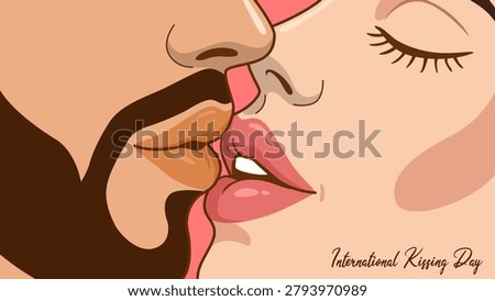An intimate vector illustration capturing a passionate close-up embrace between two lovers, celebrating affection and connection for International Kissing Day on July 6th.