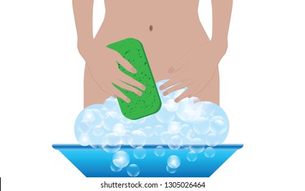 Intimate Zone Hygiene - Female Body, In Hand A Washing Sponge, A Basin With Soap Suds - Isolated On White Background - Vector.