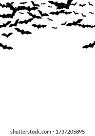 Intimidating black bats flock isolated on white vector Halloween background. Flying fox night creatures illustration. Silhouettes of flying bats traditional Halloween symbols on white.