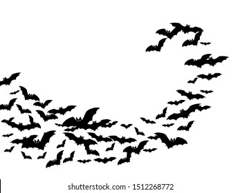 Intimidating black bats swarm isolated on white vector Halloween background. Flittermouse night creatures illustration. Silhouettes of flying bats vampire Halloween symbols on white.