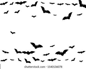 Intimidating black bats swarm isolated on white vector Halloween background. Flying fox night creatures illustration. Silhouettes of flying bats traditional Halloween symbols on white.