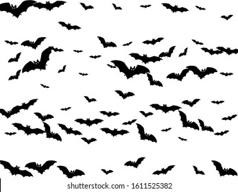 Intimidating black bats swarm isolated on white vector Halloween background. Flittermouse night creatures illustration. Silhouettes of flying bats vampire Halloween symbols on white.