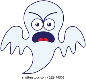 Intimidating blue ghost in minimalist style, with big head and bulging eyes, while floating, frowning, yelling and showing a very angry mood