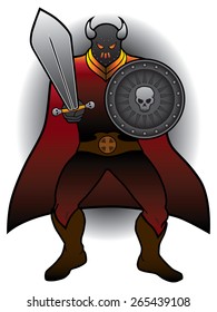 Intimidating caped warrior with sword and shield ready for battle