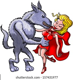 Intimidating gray wolf kissing and caressing with his tongue stuck out, the neck of a blonde young woman who is wearing a red dress with a hooded cape and seems to be having pleasure