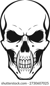 Intimidando a ilustração do vetor do crânio humano com presas de vampiro afiadas e olhos ocos escuros isolados em um fundo branco.