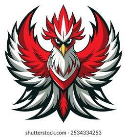 An intimidating phoenix bird adorned in striking red, white, and black feathers soars through the sky, radiating power and mystique. Its fierce gaze and fiery wings evoke both awe and respect.