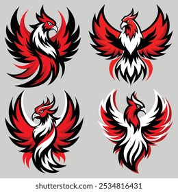 An intimidating phoenix bird adorned in striking red, white, and black feathers soars through the sky, radiating power and mystique. Its fierce gaze and fiery wings evoke both awe and respect.