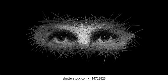 Intimidating staring eyes on a black background made with gray straight lines sketch