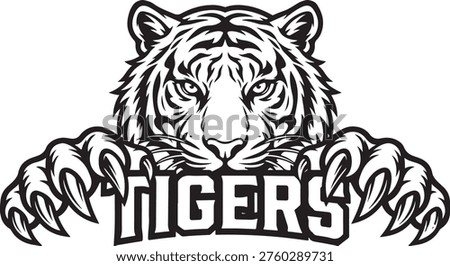 Intimidating tiger head with claws and 'tigers' text - sports team mascot logo with big cat
