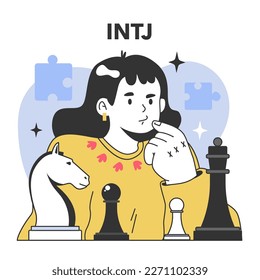 INTJ MBTI Typ. Charaktere mit den introvertierten, intuitiven, denkenden und beurteilenden Persönlichkeitsmerkmalen. Psychologische Untersuchung der menschlichen Persönlichkeit. Persönliches und professionelles Wachstum. Flache Vektorgrafik