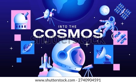 Into the Cosmos Space Banner with Astronaut Helmet, Rocket and Satellite - Modern Astronomy Science Vector Illustration