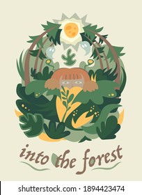 Into the forest. Girl hide into the leafs and trees under the full moon. Tropical forest, wild, ghosts. Poster, book cover flat illustration.