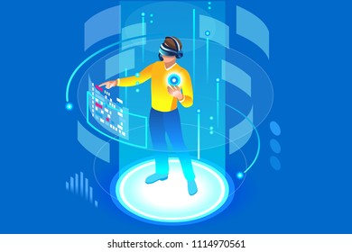 Into the future, isometric man wearing technology and touching virtual reality, augmented vr. Gadget interface for entertainment, device for virtual payment or online transaction. Vector illustration.