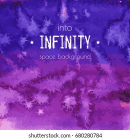 Into infinity, space background. Universe blue, violet, purple, magenta watercolor texture. Cosmos, galaxy hand painted illustration, dry brush strokes, stains, spots, splashes. Abstract vector frame.