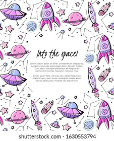 Into the space. Vertical child card with contour colorful space pattern of constellation, rockets, stars, planets and lettering. Vector template for banner, poster, invitation and your creativity
