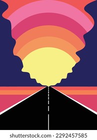 Into the sun. 1970's psychedelia style poster art background of a road travelling into the sunset through a canyon. Bright colourful design.