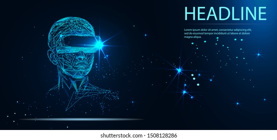 Into virtual reality world. Man wearing goggle headset. Vector illustration. Headline