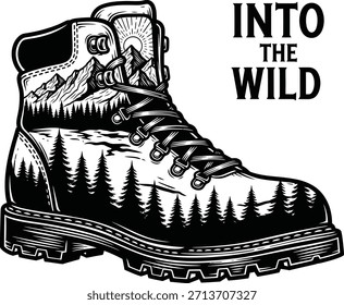 En la tipografía salvaje con la bota de senderismo y el paisaje para el logotipo al aire libre, insignia de la aventura del viaje de la montaña, emblema de la naturaleza que acampa y aislado en ilustración gráfica transparente