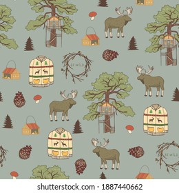 Into the woods nature forest adventure, hike, village life objects seamless vector pattern