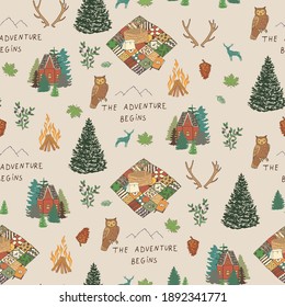 Into the woods nature forest adventure, hike, village life objects seamless vector pattern