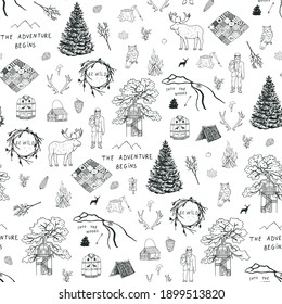Into the woods nature forest adventure, hike, village life objects seamless vector pattern