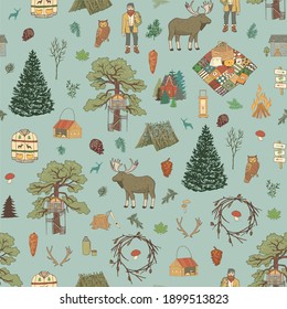 Into the woods nature forest adventure, hike, village life objects seamless vector pattern