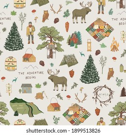 Into the woods nature forest adventure, hike, village life objects seamless vector pattern