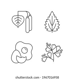 Intolerance for allergen linear icons set. Birch pollen. Nettle leaf. Cracked egg. Growing sagebrush. Customizable thin line contour symbols. Isolated vector outline illustrations. Editable stroke